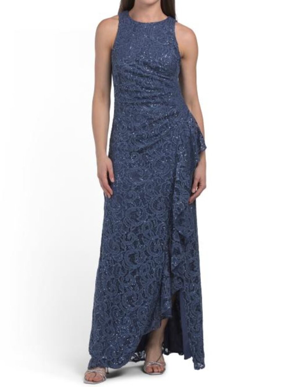 ALEX EVENINGS Wedgewood Cascade Ruffle Front Sleeveless Lace Dress With Slit
